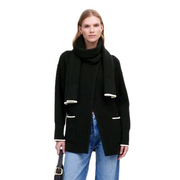 NWT‎ Madewell Black Combo Knit Cardigan Jacket Merino with Scarf Size XXS NT607 - Picture 1 of 11
